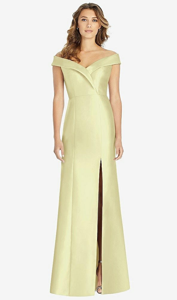 Front View - Butter Yellow Off-the-Shoulder Cuff Trumpet Gown with Front Slit