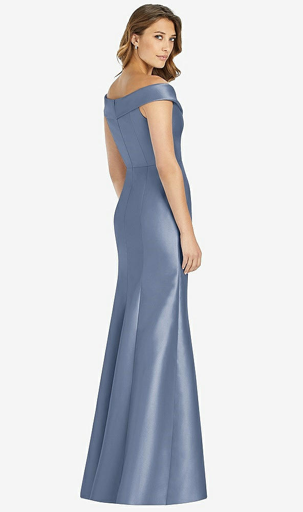 Back View - Larkspur Blue Off-the-Shoulder Cuff Trumpet Gown with Front Slit