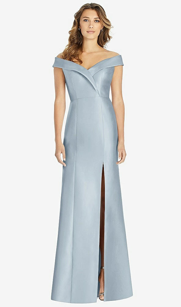 Front View - Mist Off-the-Shoulder Cuff Trumpet Gown with Front Slit