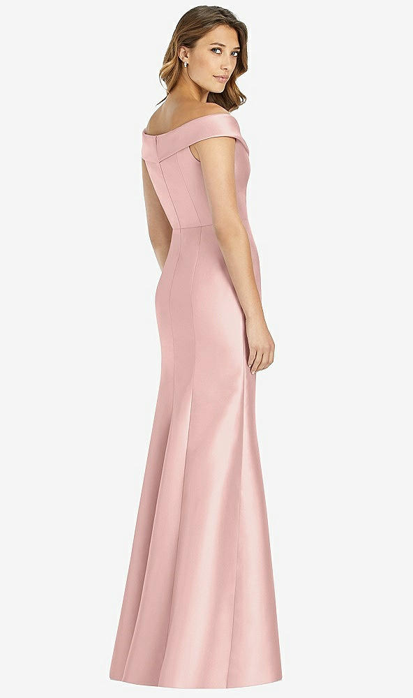 Back View - Rose - PANTONE Rose Quartz Off-the-Shoulder Cuff Trumpet Gown with Front Slit