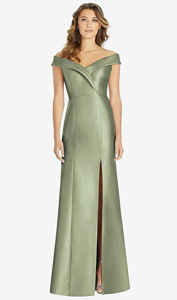 Front View - Sage Off-the-Shoulder Cuff Trumpet Gown with Front Slit