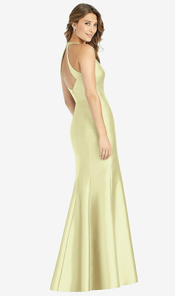 Back View - Butter Yellow V-Neck Halter Satin Trumpet Gown