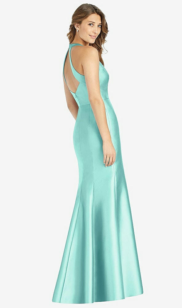 Back View - Coastal V-Neck Halter Satin Trumpet Gown