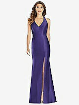 Front View Thumbnail - Grape V-Neck Halter Satin Trumpet Gown