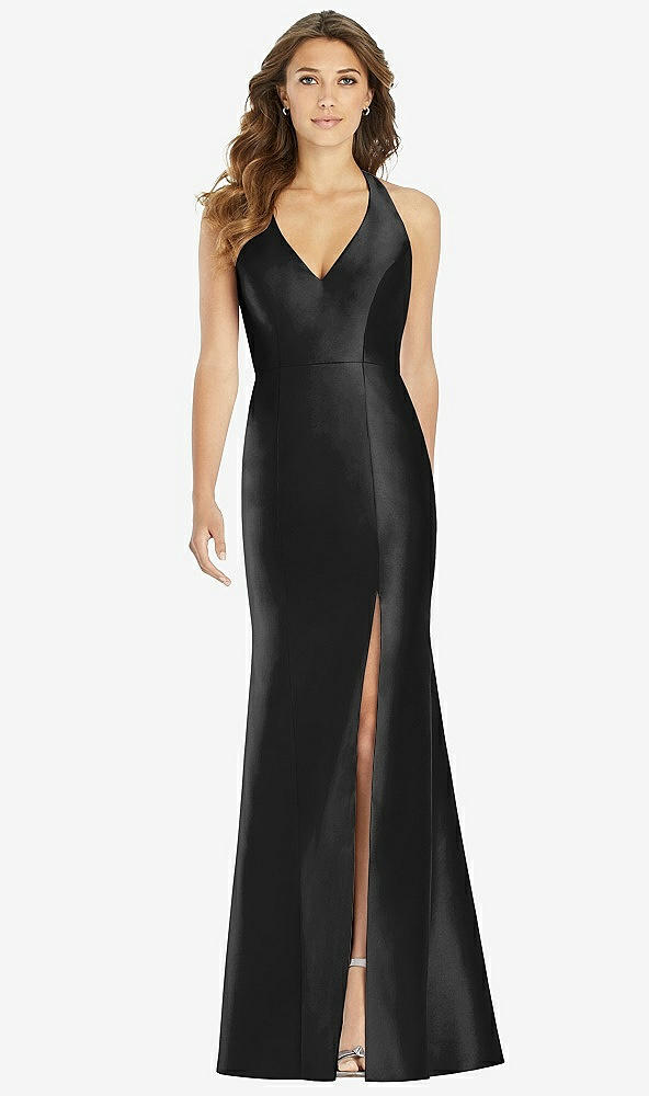 Front View - Black V-Neck Halter Satin Trumpet Gown