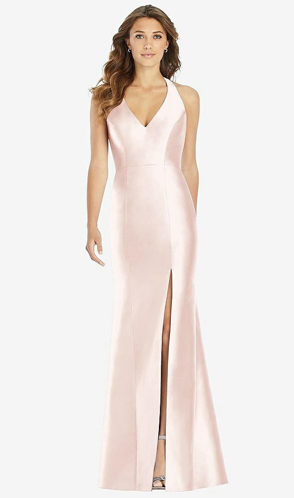 Front View - Blush V-Neck Halter Satin Trumpet Gown