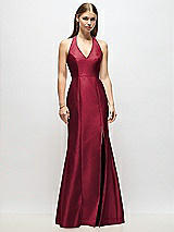 Alt View 1 Thumbnail - Burgundy V-Neck Halter Satin Trumpet Gown