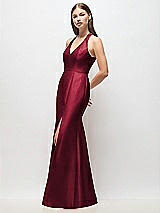 Side View Thumbnail - Burgundy V-Neck Halter Satin Trumpet Gown