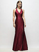 Alt View 1 Thumbnail - Cabernet V-Neck Halter Satin Trumpet Gown