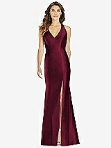 Front View Thumbnail - Cabernet V-Neck Halter Satin Trumpet Gown