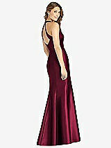 Rear View Thumbnail - Cabernet V-Neck Halter Satin Trumpet Gown