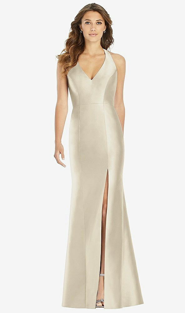 Front View - Champagne V-Neck Halter Satin Trumpet Gown