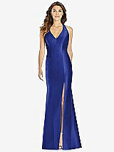 Front View Thumbnail - Cobalt Blue V-Neck Halter Satin Trumpet Gown