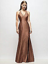 Alt View 1 Thumbnail - Cognac V-Neck Halter Satin Trumpet Gown