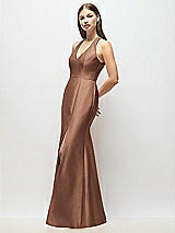 Alt View 2 Thumbnail - Cognac V-Neck Halter Satin Trumpet Gown