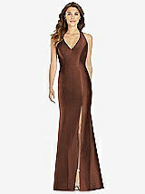 Front View Thumbnail - Cognac V-Neck Halter Satin Trumpet Gown