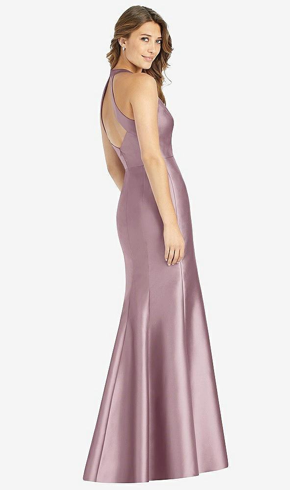 Back View - Dusty Rose V-Neck Halter Satin Trumpet Gown