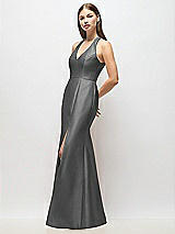 Alt View 2 Thumbnail - Gunmetal V-Neck Halter Satin Trumpet Gown