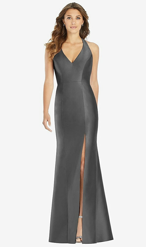 Front View - Gunmetal V-Neck Halter Satin Trumpet Gown