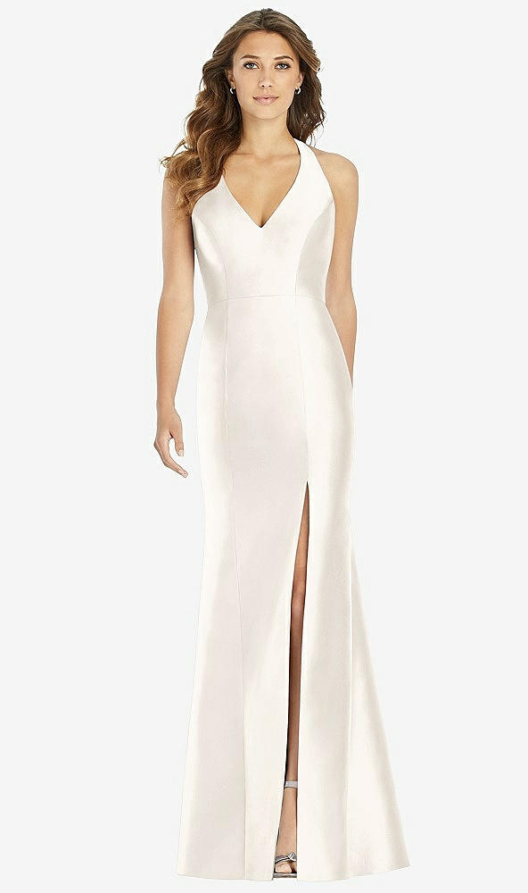 Front View - Ivory V-Neck Halter Satin Trumpet Gown