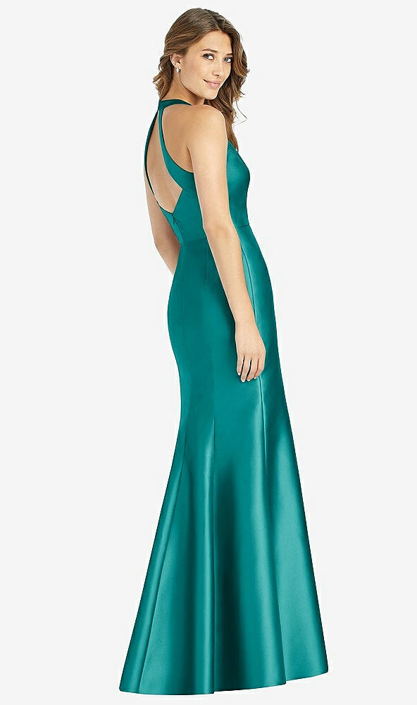 Back View - Jade V-Neck Halter Satin Trumpet Gown