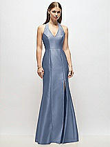 Alt View 1 Thumbnail - Larkspur Blue V-Neck Halter Satin Trumpet Gown