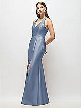 Alt View 2 Thumbnail - Larkspur Blue V-Neck Halter Satin Trumpet Gown