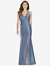 Front View Thumbnail - Larkspur Blue V-Neck Halter Satin Trumpet Gown