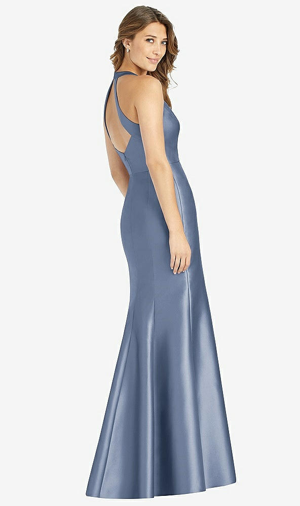 Back View - Larkspur Blue V-Neck Halter Satin Trumpet Gown