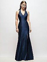 Alt View 1 Thumbnail - Midnight Navy V-Neck Halter Satin Trumpet Gown