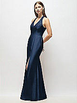 Alt View 2 Thumbnail - Midnight Navy V-Neck Halter Satin Trumpet Gown