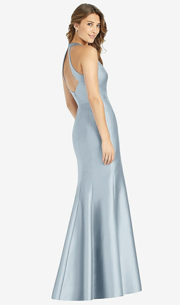 Back View - Mist V-Neck Halter Satin Trumpet Gown