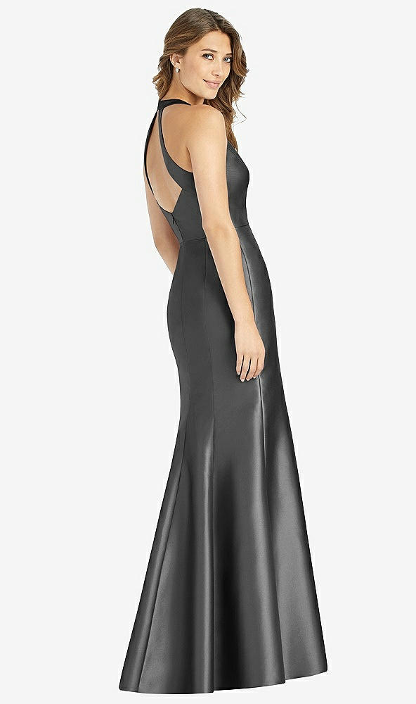 Back View - Pewter V-Neck Halter Satin Trumpet Gown