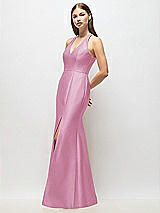 Alt View 2 Thumbnail - Powder Pink V-Neck Halter Satin Trumpet Gown