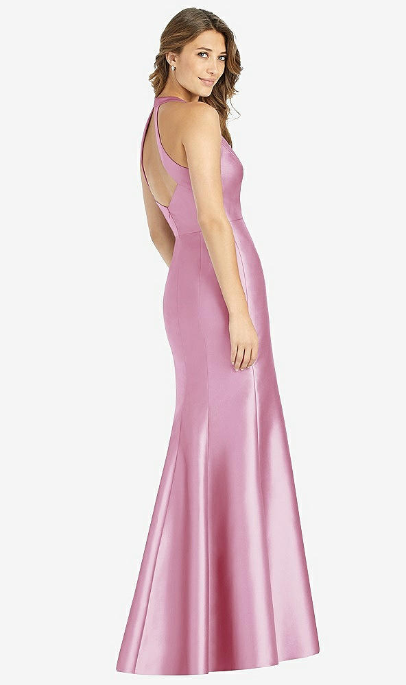 Back View - Powder Pink V-Neck Halter Satin Trumpet Gown