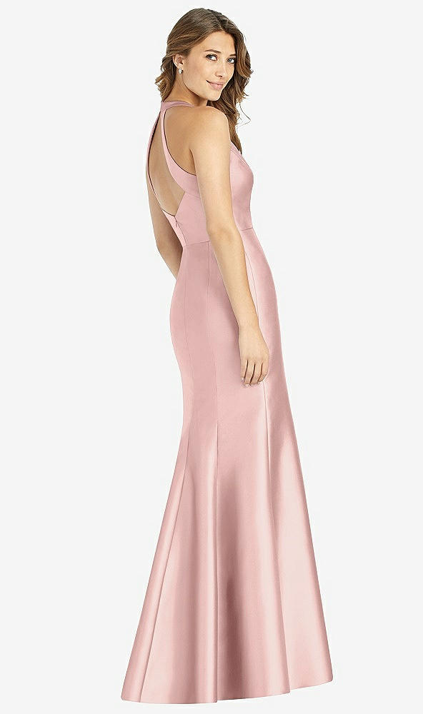 Back View - Rose - PANTONE Rose Quartz V-Neck Halter Satin Trumpet Gown