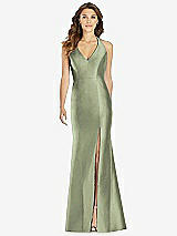 Front View Thumbnail - Sage V-Neck Halter Satin Trumpet Gown