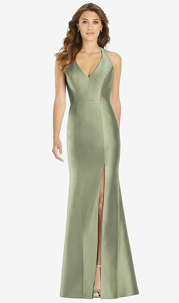 Front View - Sage V-Neck Halter Satin Trumpet Gown