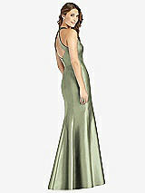 Rear View Thumbnail - Sage V-Neck Halter Satin Trumpet Gown