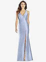 Front View Thumbnail - Sky Blue V-Neck Halter Satin Trumpet Gown