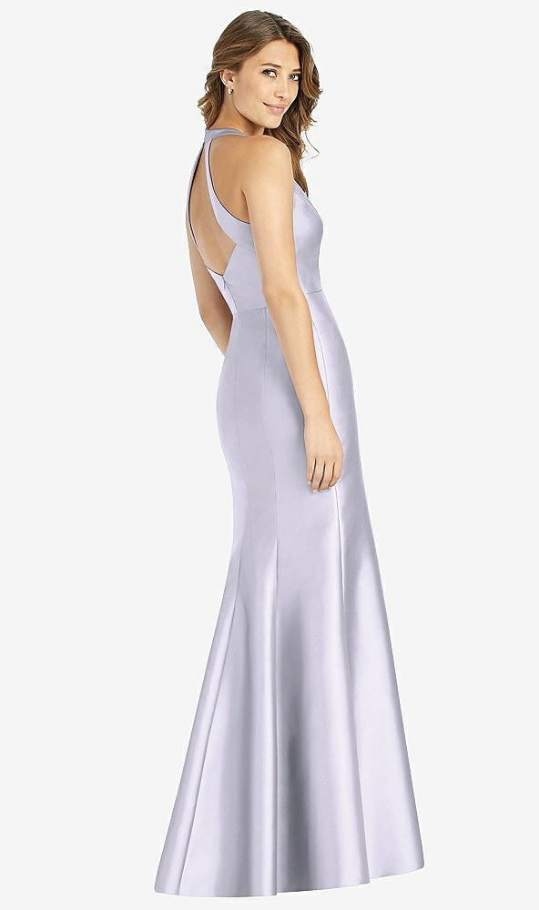 Back View - Silver Dove V-Neck Halter Satin Trumpet Gown