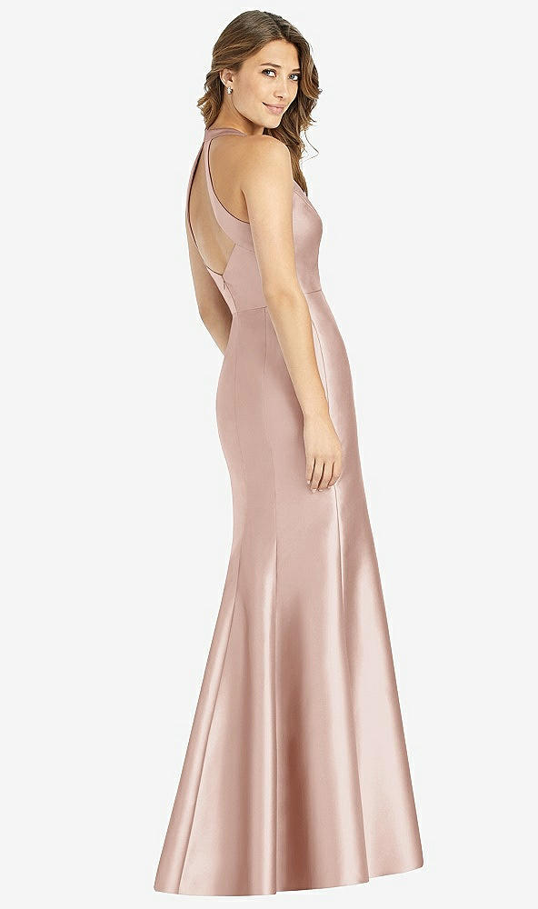 Back View - Toasted Sugar V-Neck Halter Satin Trumpet Gown