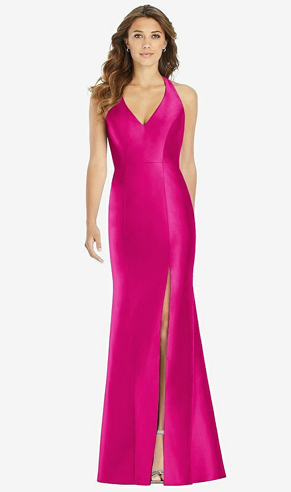 Front View - Think Pink V-Neck Halter Satin Trumpet Gown