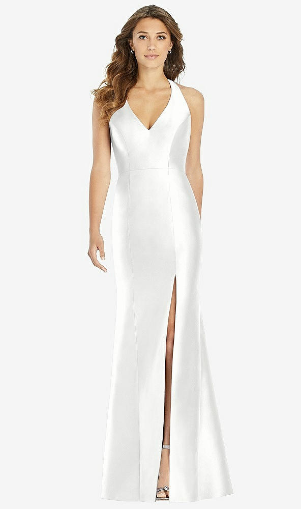 Front View - White V-Neck Halter Satin Trumpet Gown