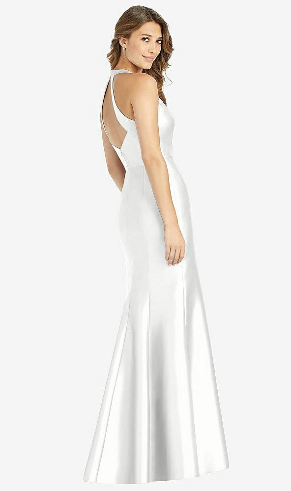 Back View - White V-Neck Halter Satin Trumpet Gown