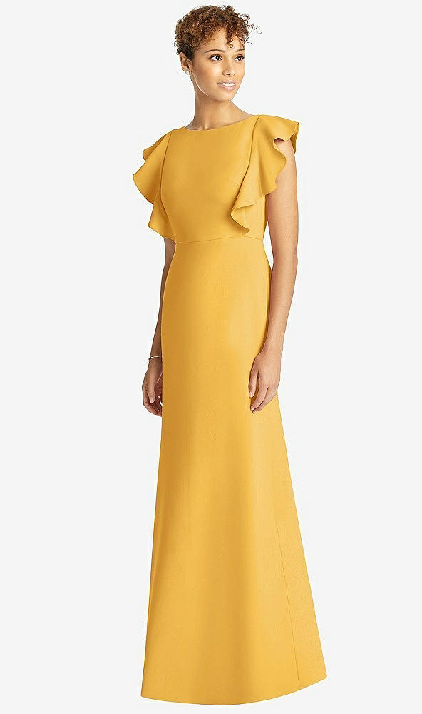 Front View - NYC Yellow Ruffle Cap Sleeve Open-back Trumpet Gown