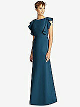 Front View Thumbnail - Atlantic Blue Ruffle Cap Sleeve Open-back Trumpet Gown