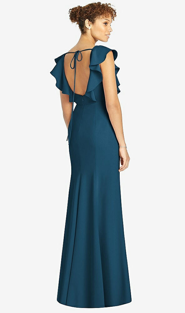 Back View - Atlantic Blue Ruffle Cap Sleeve Open-back Trumpet Gown