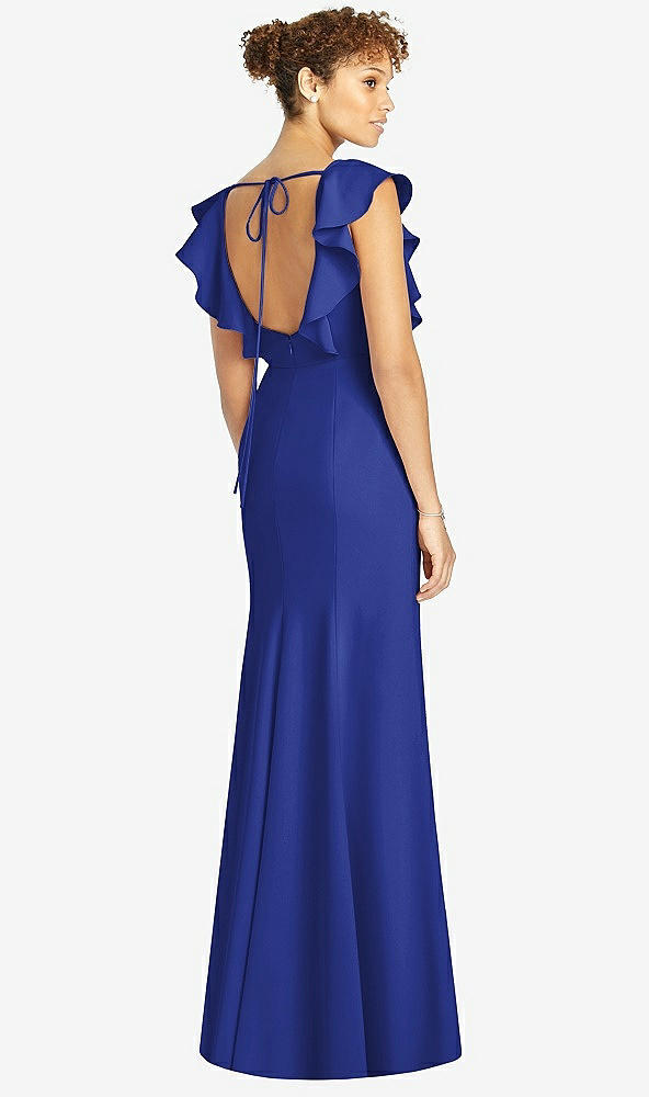 Back View - Cobalt Blue Ruffle Cap Sleeve Open-back Trumpet Gown