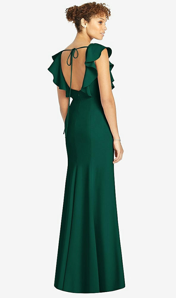 Back View - Hunter Green Ruffle Cap Sleeve Open-back Trumpet Gown